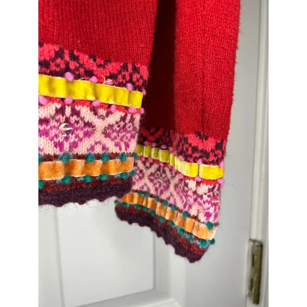 J.Jill Petite Red Embellished Fair Isle V Neck Sweater LP